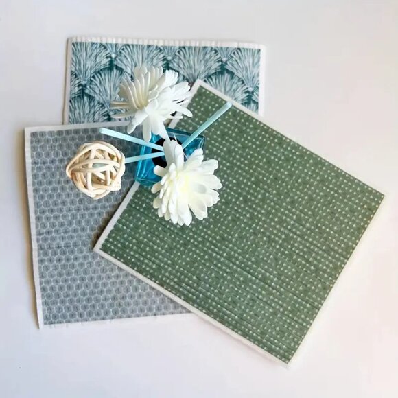 NEW Set of 3 Swedish Dishcloths - Green Ocean, Reusable Towel Sponge Sustainable - Picture 1 of 1